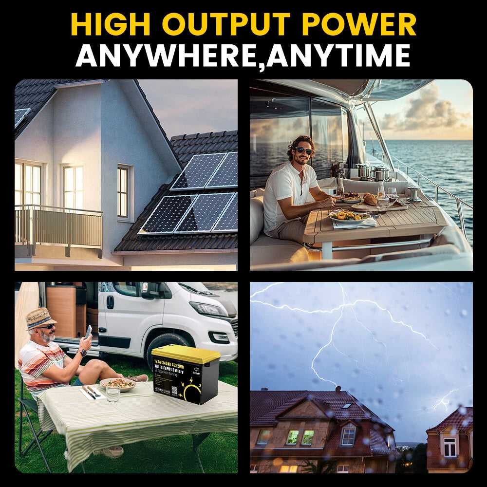 12V 340AH Vehicle Storage Box 4352Wh Mini LiFePO4 Battery Built-in 200A Bluetooth BMS