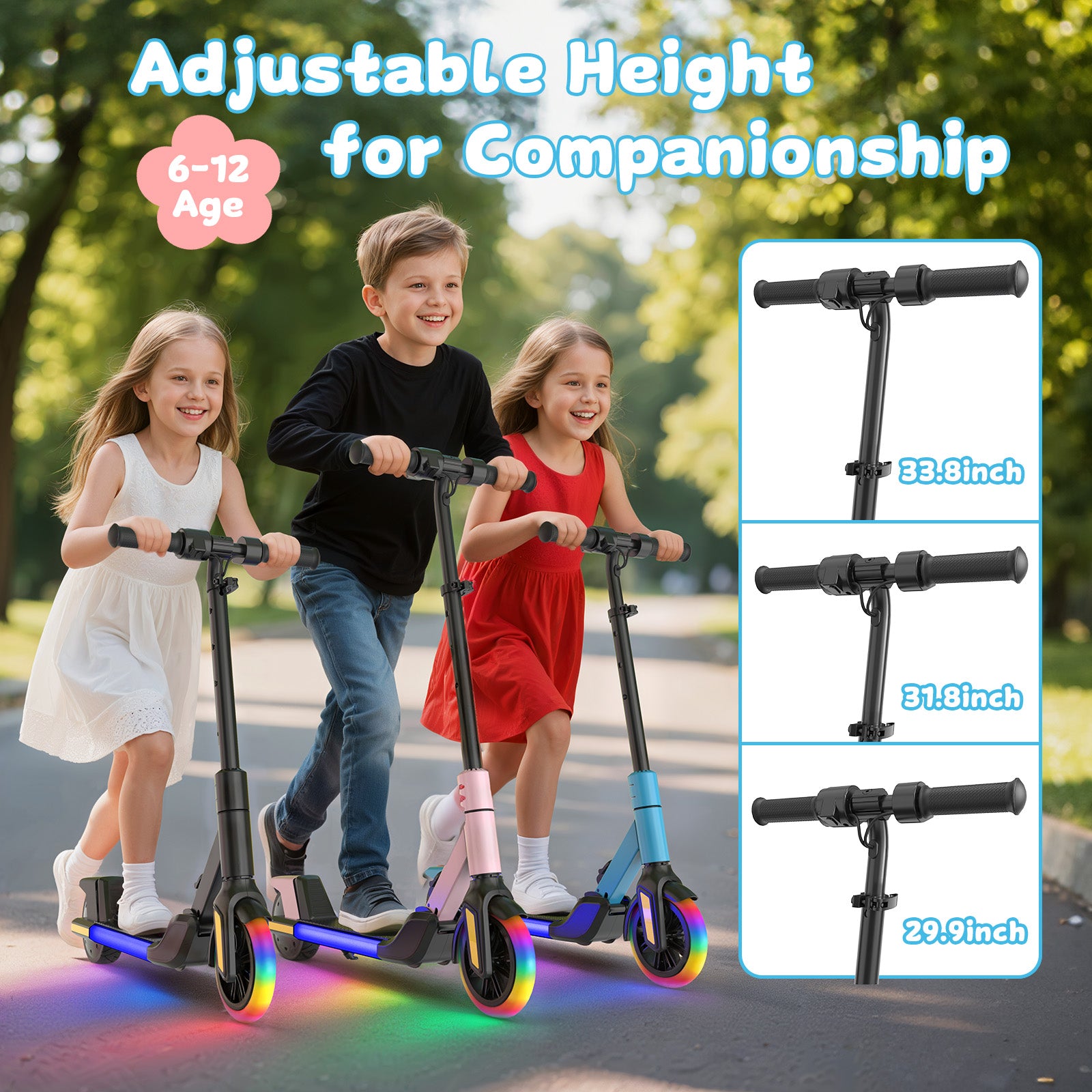 Kids Electric Scooter with LED Lights, 21.6V 2.6AH, 150W Motor, 6 Inch Solid Tires, 10KM/H Top Speed, 8-10KM Range, 70KG Max Load