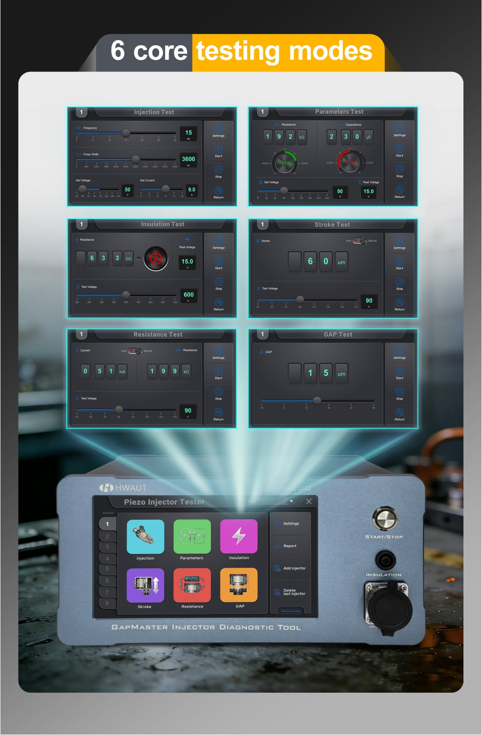 Common Rail Piezo Injector Tester 7-Inch Touchscreen AC 100V-240V 1-30Hz 0-6000us Embedded Intelligent Control System