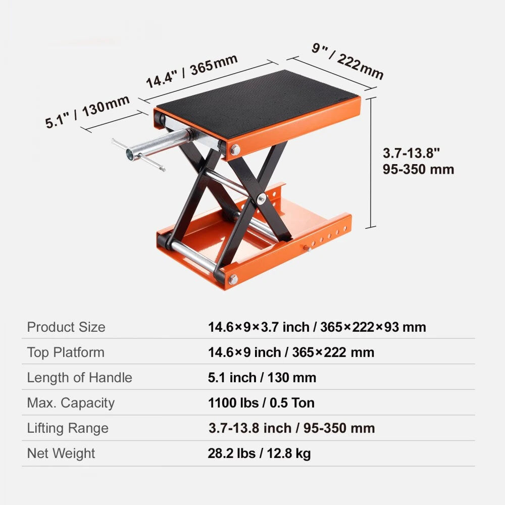 1100lbs Motorcycle Scissor Jack Lift 499.5 kg Wide Deck Hoist Stand for ATVs Bike