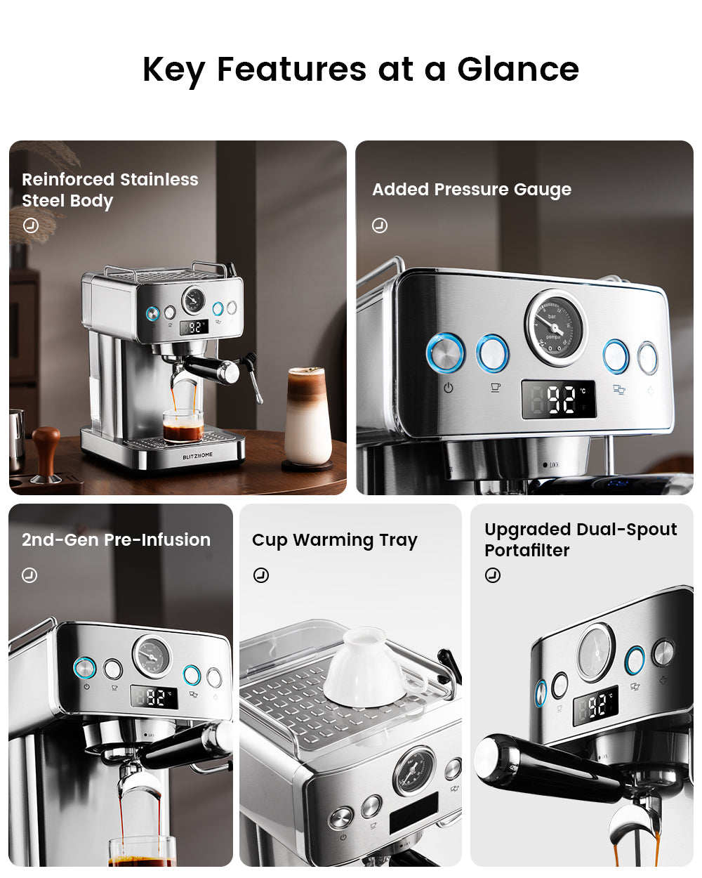 Espresso Coffee Machine H10A 20Bar 1150W with Pressure Gauge PID & NTC 51mm Portafilter Manual Steam Wand