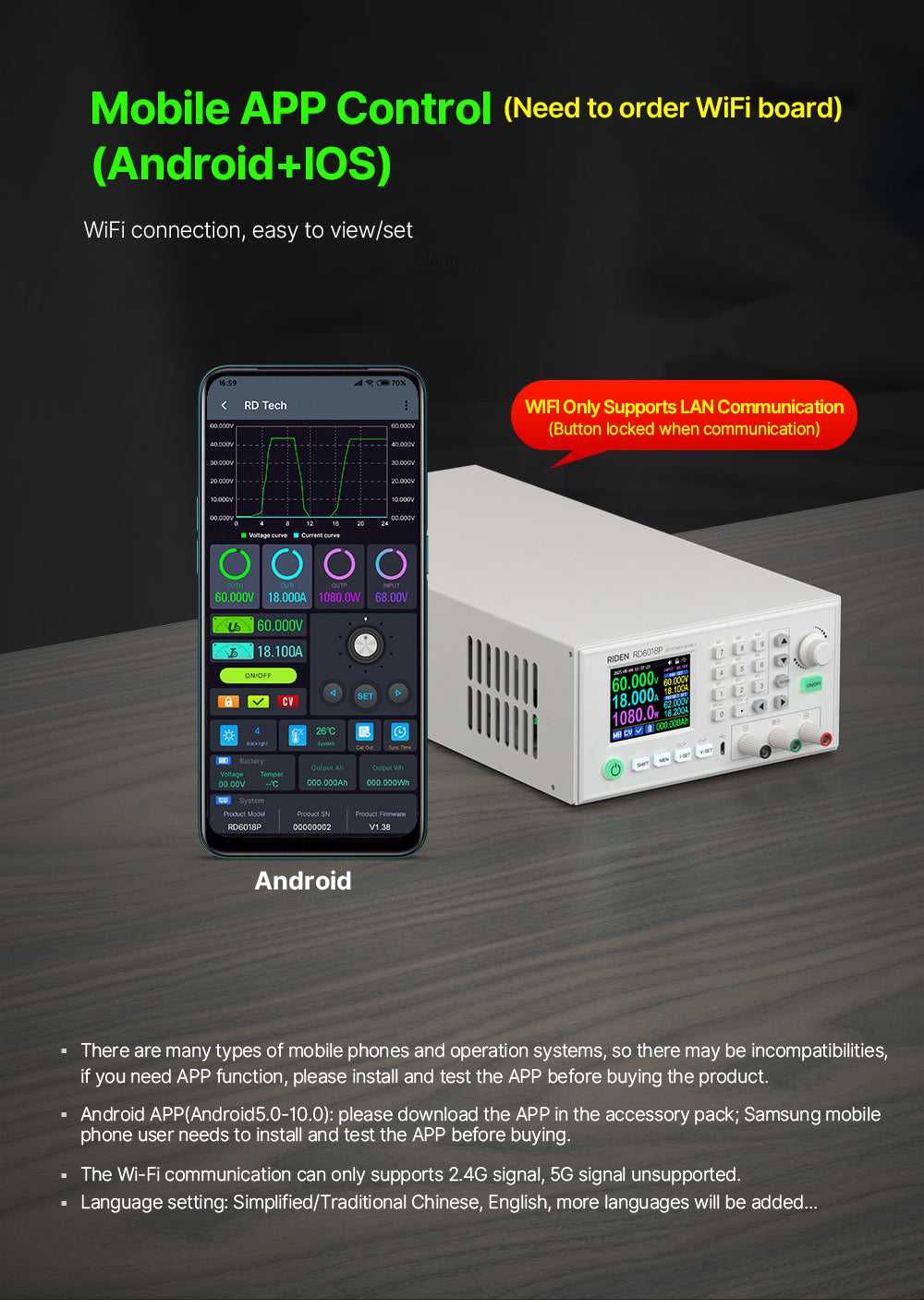 1080W Completed Set 60V 18A AC to DC Digital Adjustable Lab Bench Power Supply for Repair CNC Adjustable DC Regulated Power Supply