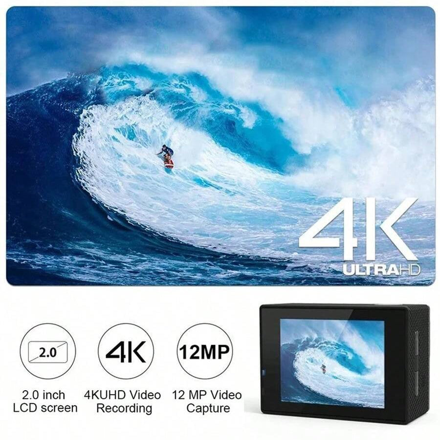 16MP Waterproof Wireless Action Camera, 1080P Video, 140° Angle, Rechargeable, Black, No Stabilization, ≤2" Display