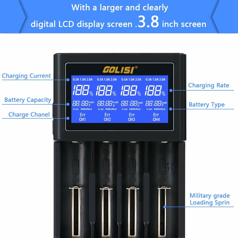 LCD Screen Display USB Charging Intelligent 2A Fast Battery Charger Li-ion NIMH Batteries
