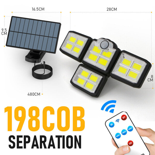 192/198 LED COB Outdoor Solar Lights 4 Head Motion Sensor 270 Wide Angle Lighting Waterproof Remote Control Solar Garden Wall Lamp