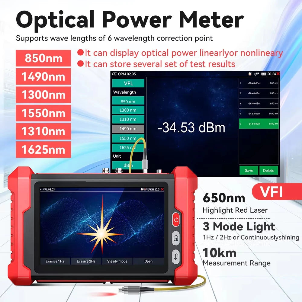 IPC Camera Tester 8 Inch Touch Screen 12V 24V HDMIVGA PoE TDR VFL CVBS AHD TVI CVI IP Camera Tester Optical Power Meter