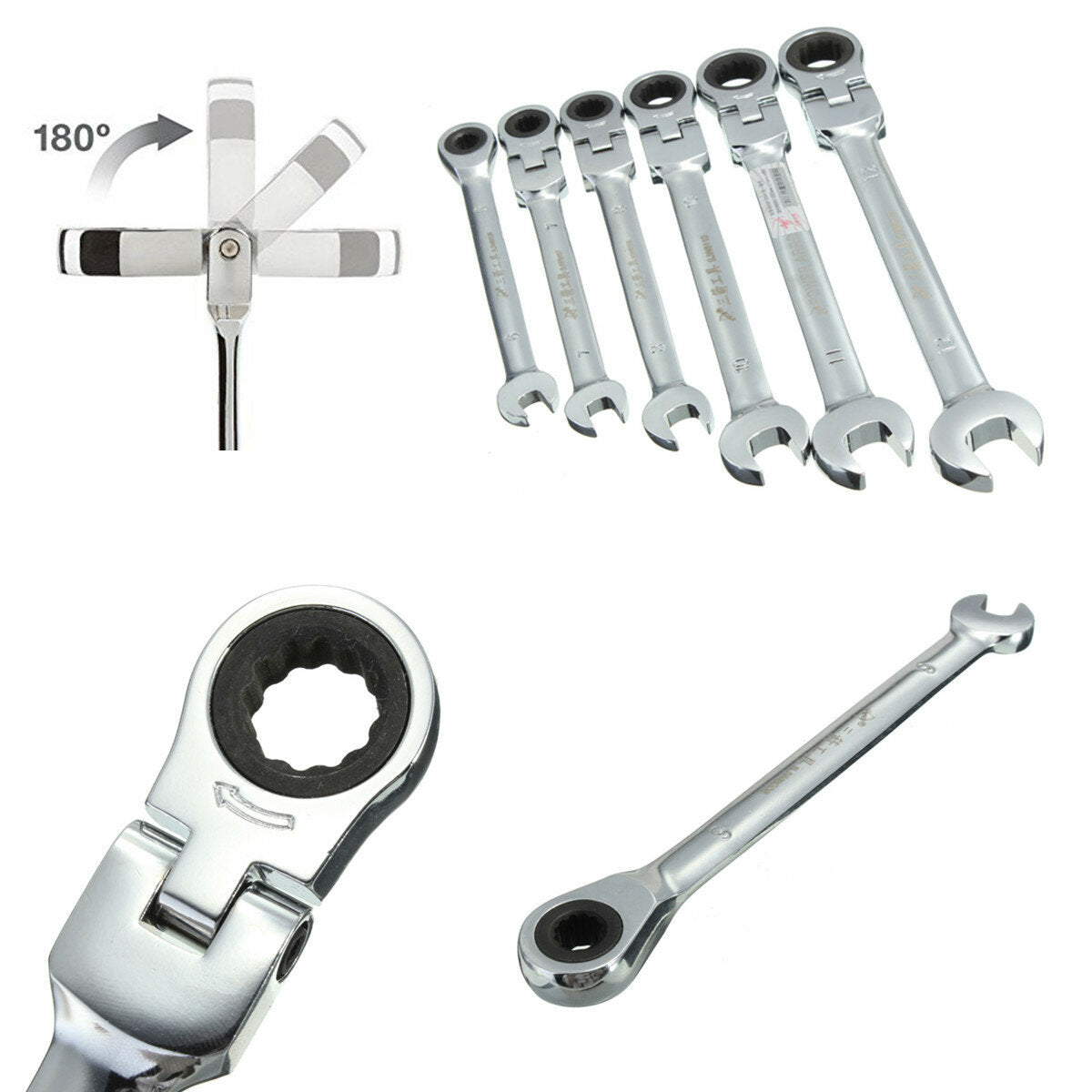 Flexible Pivoting Head Ratchet Combination Spanner Wrench Garage Metric Tool 6 Size