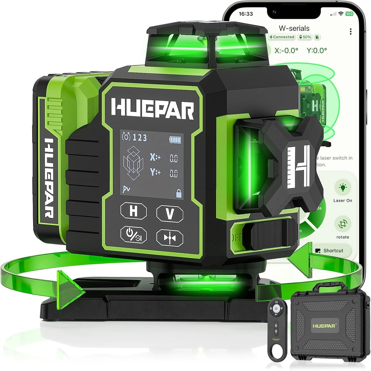 3D 12-Line / 4D 16-Line Green Laser Level, Bluetooth Control, Self-Leveling, LCD, Rechargeable Battery & IP54 Protection