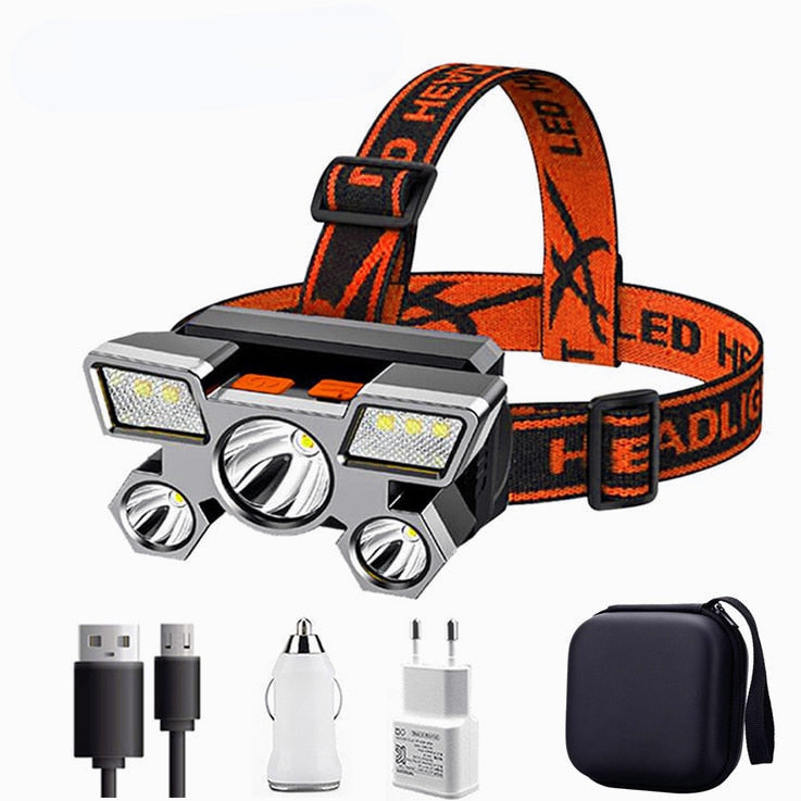 5LED with Built-in 18650 Battery USB Rechargeable Portable Flashlight Lantern Headlamp Outdoor Camping Headlight Headlamps