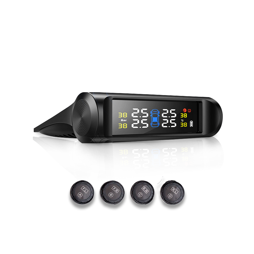Solar Power Tire Pressure Monitor System Universal Tester Wireless LCD Display with 4 External Sensors