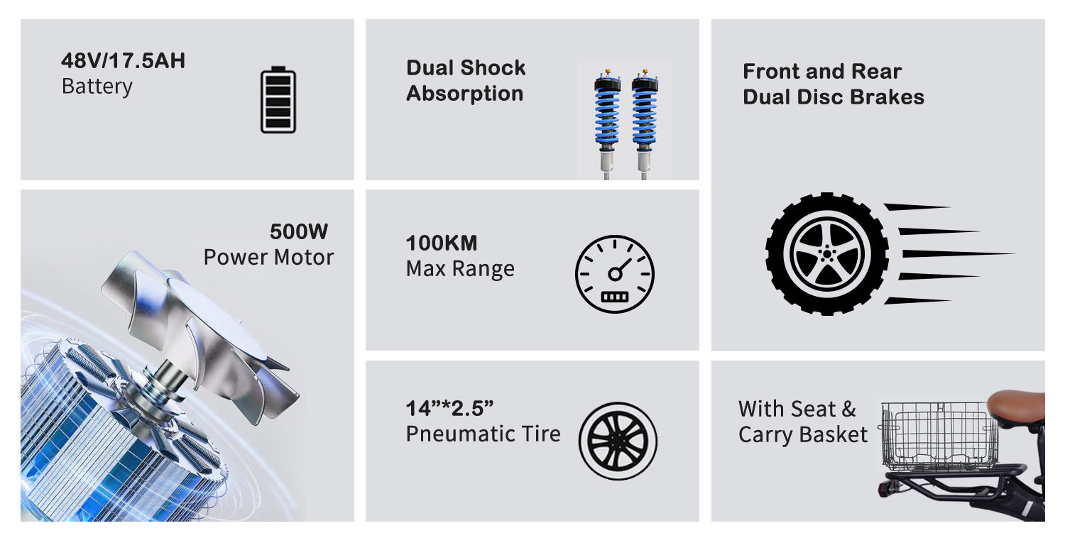 Electric Scooter w/ Seat 48V 17.5AH Battery 500W Motor Recommended Top Speed 25KM/H 14inch 100KM Max Mileage 120KG Max Load E-Scooter