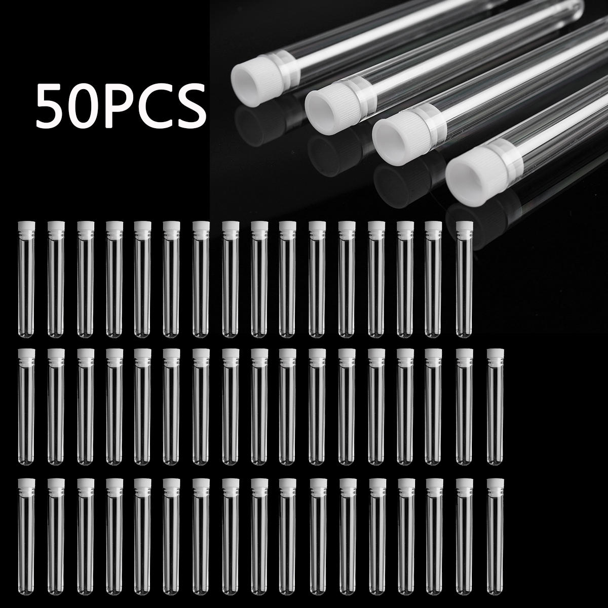 50Pcs 12x100mm Clear Plastic Test Laboratory Tubes Container with White Push Caps