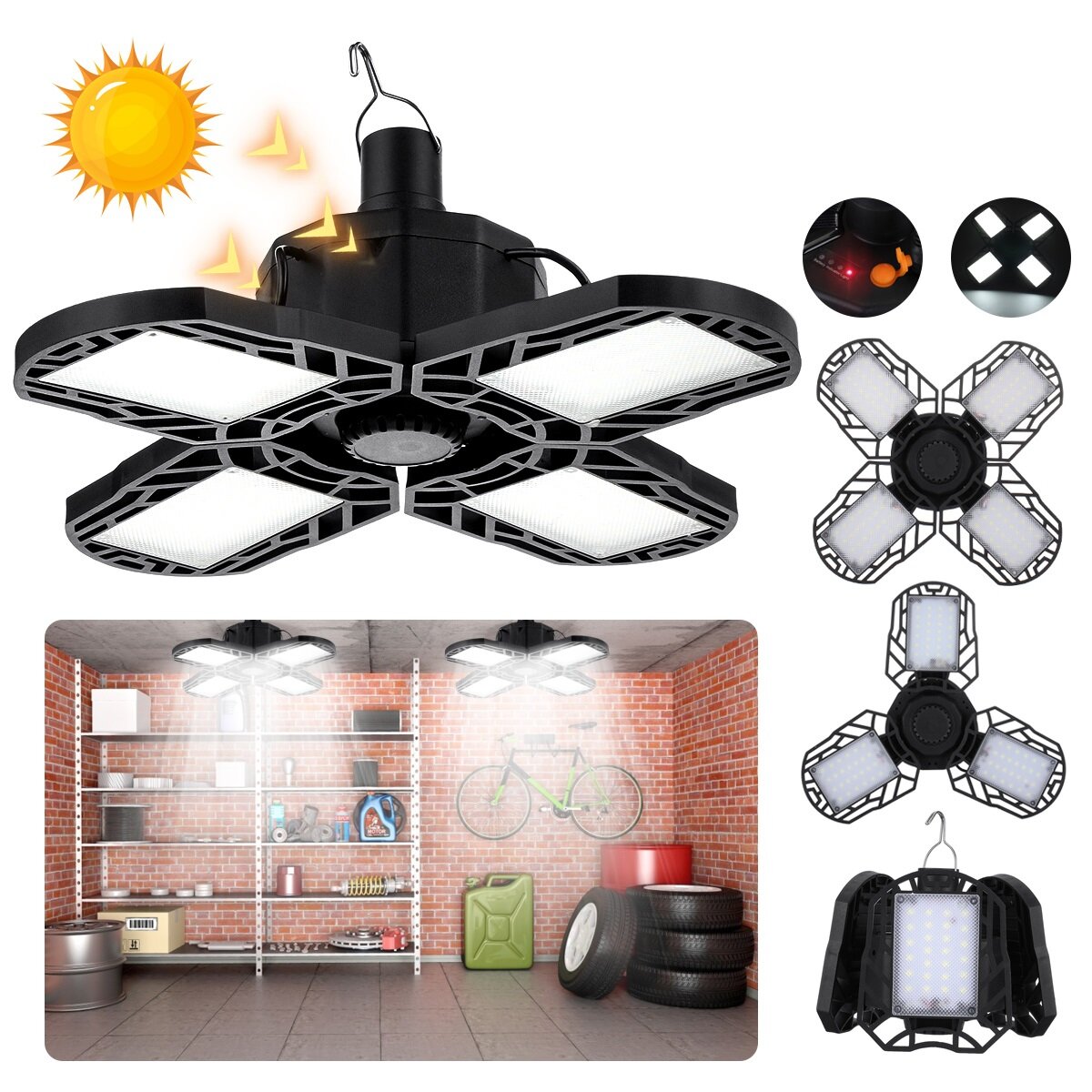 60W 120W LED Garage Light Bulb Deformable Ceiling Fixture Lights Workshop Lamp USB Direct Charging