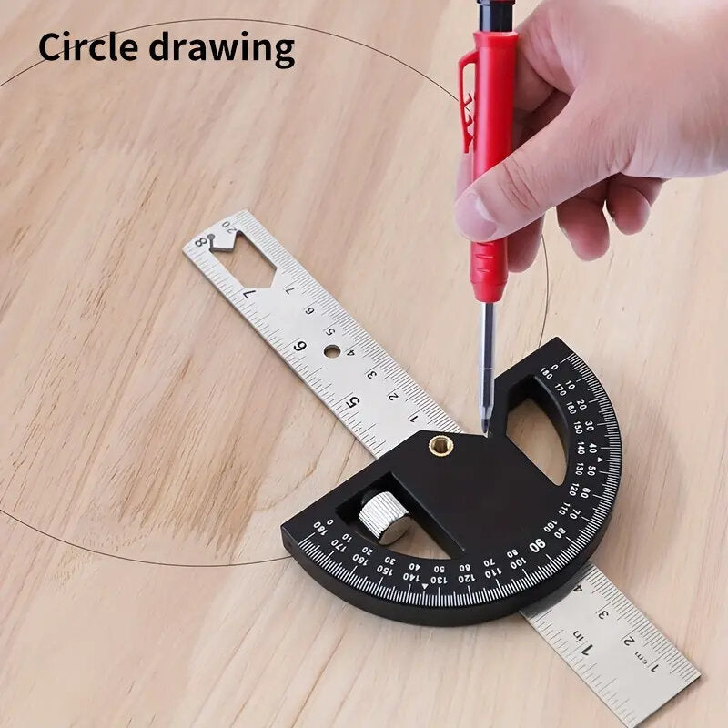 Woodworking Protractor Angle Gauge Ruler Tool - 8" & 12" Aluminum/ABS, Multi-Angle Measurement, Carpenter Essential