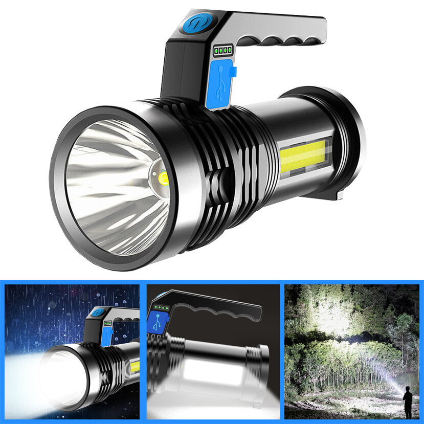 Double Light 500m Long Range Strong Flashlight with COB Sidelight USB Rechargeable Powerful Handheld Spotlight LED Searchlight