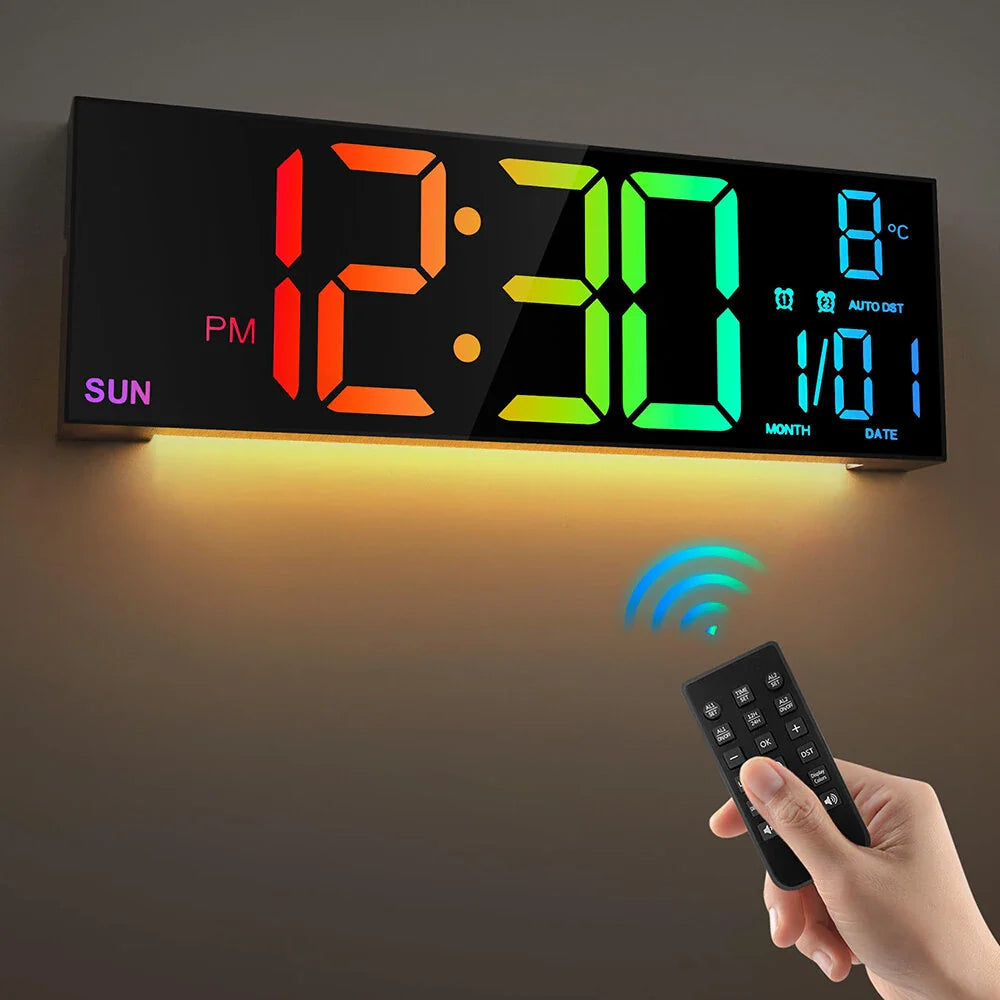 16" LED Digital Wall Clock with Remote, RGB Display, Auto Brightness, Date, Temperature - Ideal for Living Room, Bedroom, Office Decor