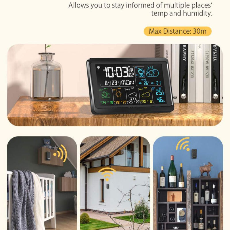 WiFi Weather Station Alarm Clock - Wireless Indoor/Outdoor Thermometer, Works with Tuya/Smart Life, 12/24H, Date/Week Display