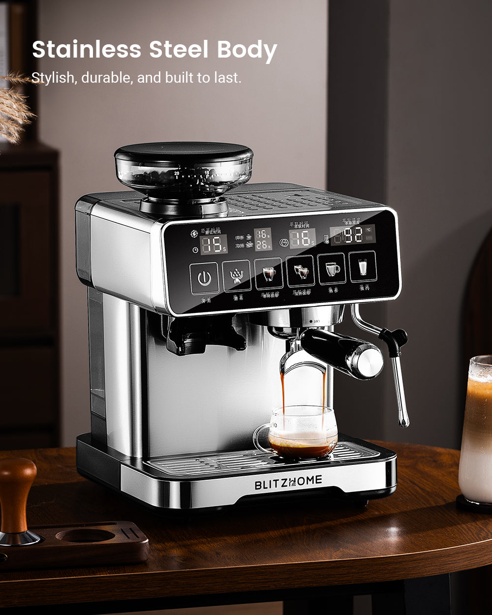 Espresso Coffee Machine 20Bar 1150W with Built-in Conical Burr Grinder PID & NTC 51mm Portafilter Manual Steam Wand