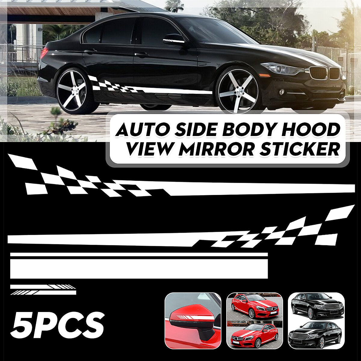5pcs Car Stickers Stripes Graphics Side Body Hood Rearview Mirror Decal Trim