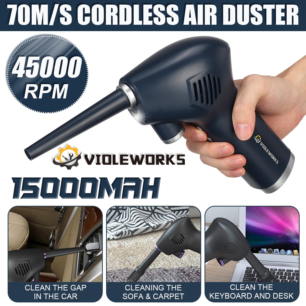 45000RPM Cordless Air Duster Air Blower High Pressure Cleaner for Computer Car Cleaning Tool