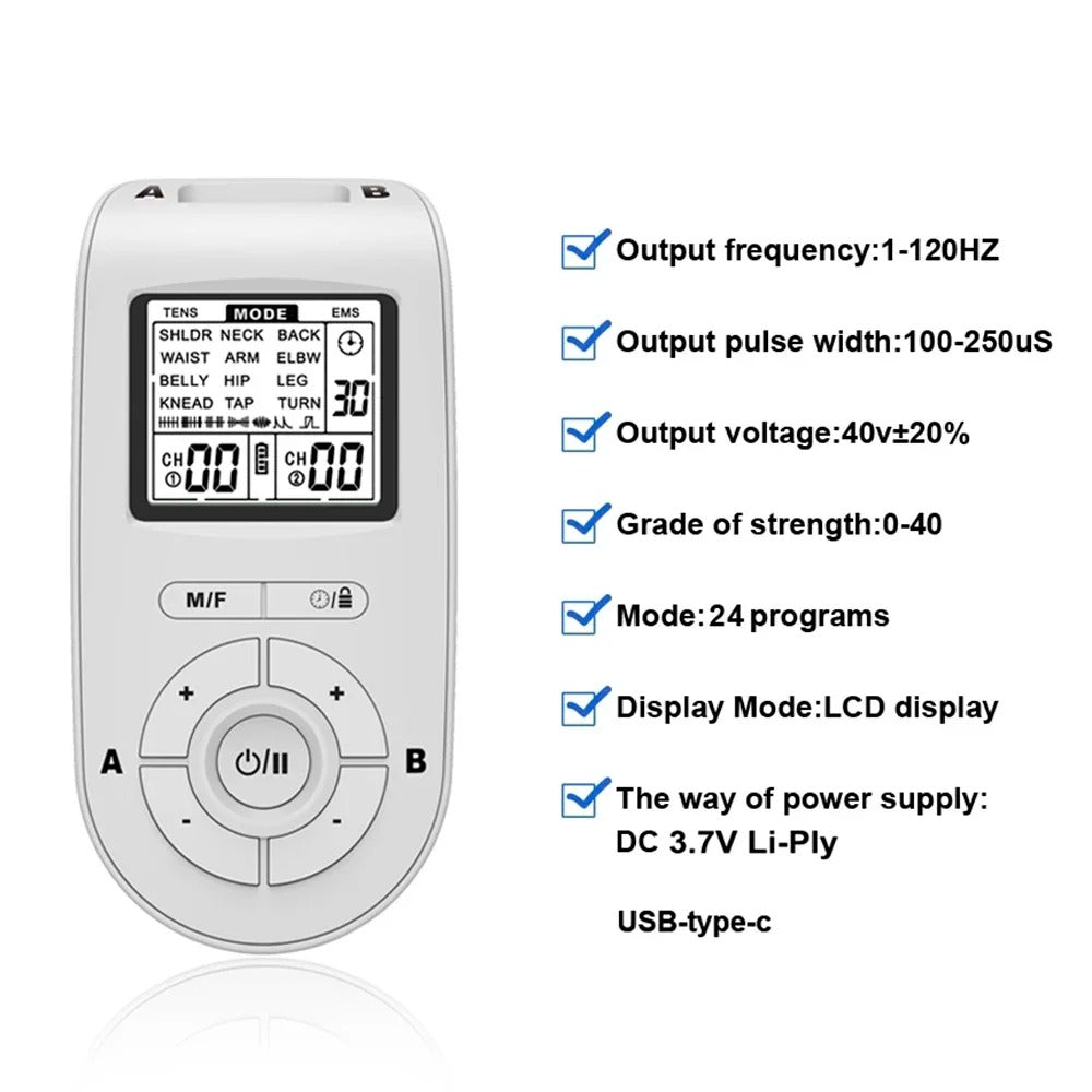 TENS/EMS Dual Pulse Massager - 24 Modes, 40 Intensity Levels, Dual Output, Rechargeable, Portable for Pain Relief & Muscle Care