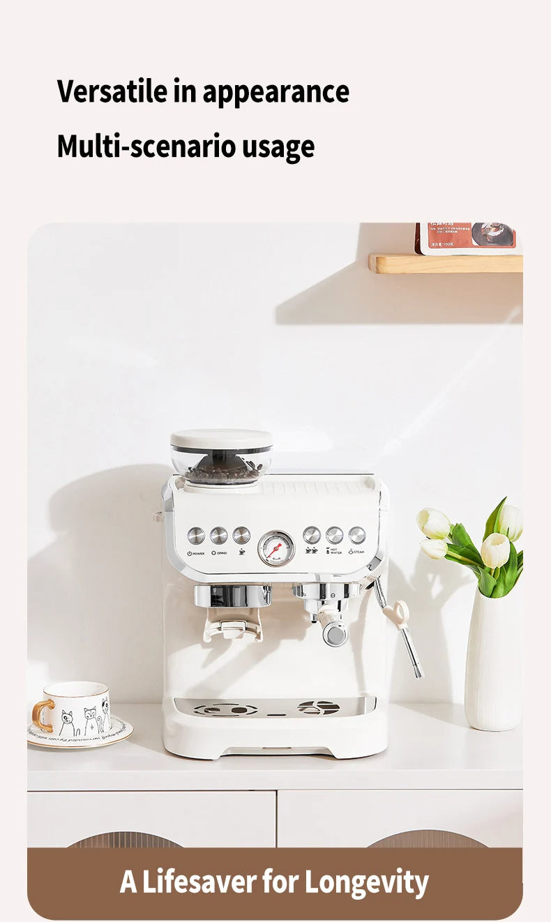 1450W 20 Bar Espresso Machine with Built-in Grinder Visual Pressure Gauge 2L Water Tank Steam Wand Pre-Infusion Cappuccino Latte Machine