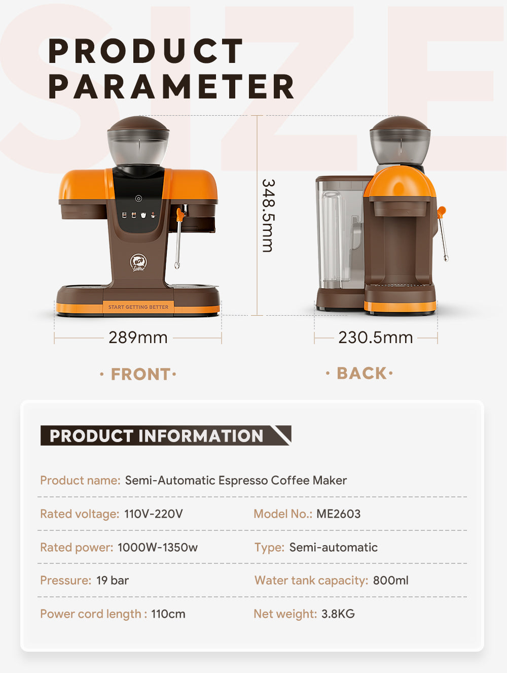 Semi Automatic Espresso Coffee Machine 19Bar with Built-in Grinder Pre-infusion System High-pressure Extraction Touch Panel Control