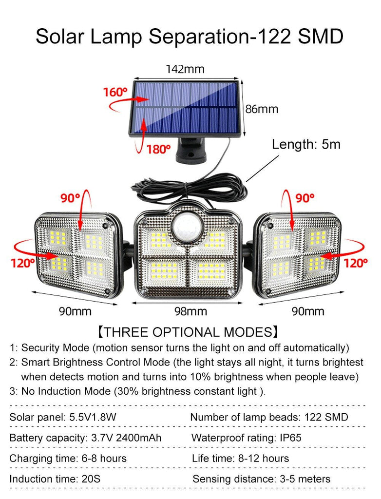 Solar Lights Outdoor 171COB 108/122/138LEDs Motion Sensor Light 3 Head Remote Control Wall Light 270 Wide Angle Flood Light for Garden