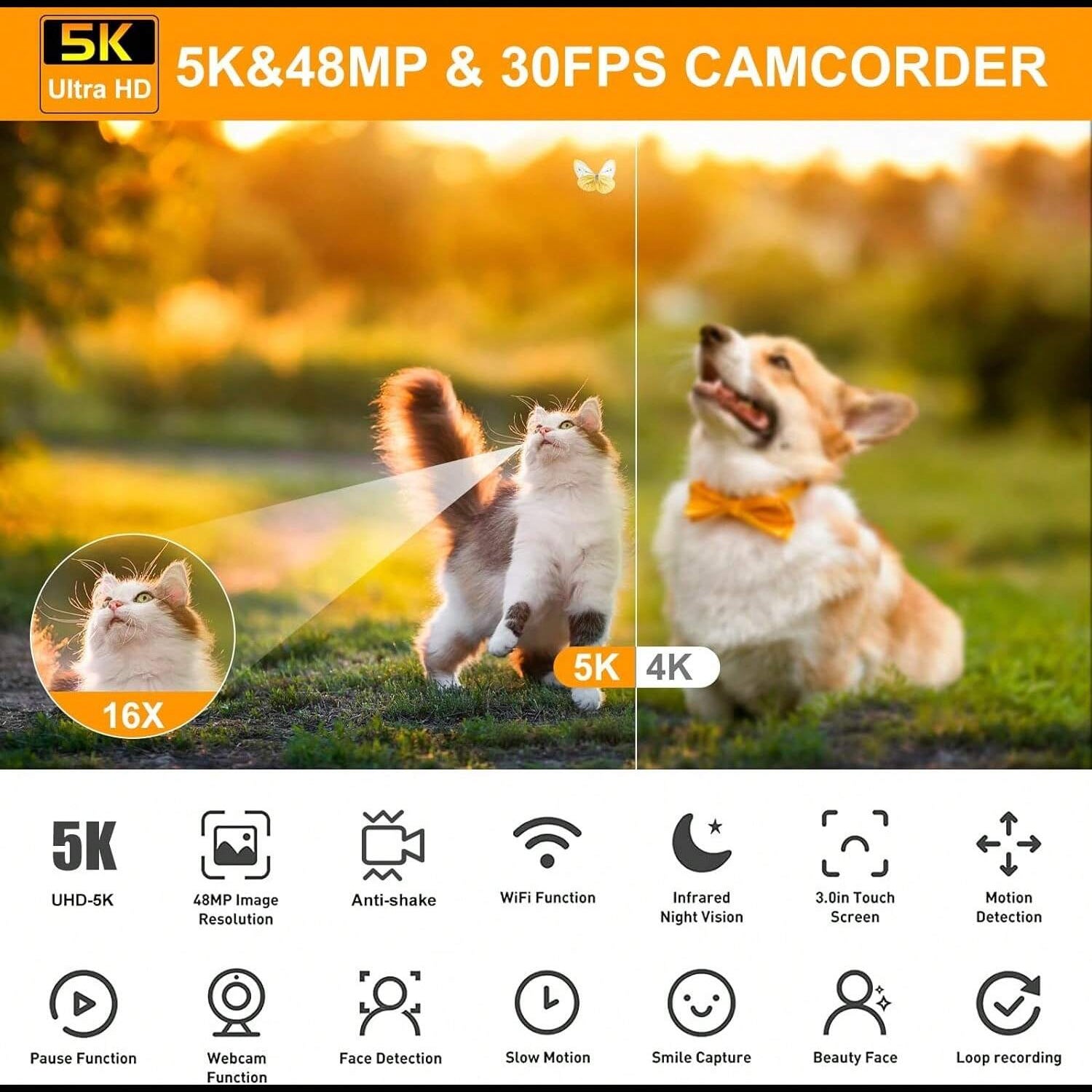 5K Ultra HD Digital Camera with 64MP, 16X Zoom, 3" Touch Screen, HDMI, WiFi Control, and Time-lapse Features