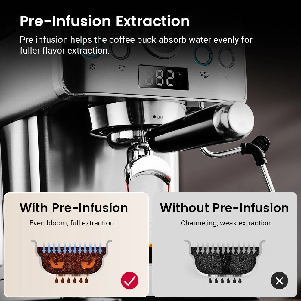 Espresso Coffee Machine H10A 20Bar 1150W with Pressure Gauge PID & NTC 51mm Portafilter Manual Steam Wand