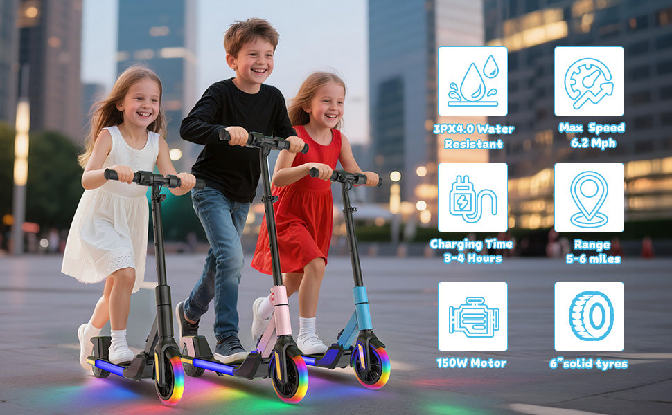 Kids Electric Scooter with LED Lights, 21.6V 2.6AH, 150W Motor, 6 Inch Solid Tires, 10KM/H Top Speed, 8-10KM Range, 70KG Max Load