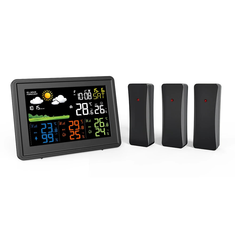 Weather Station Alarm Clock Wireless Indoor Outdoor Thermometer with Atomic Clock Forecast Station 3 Outdoor Sensors