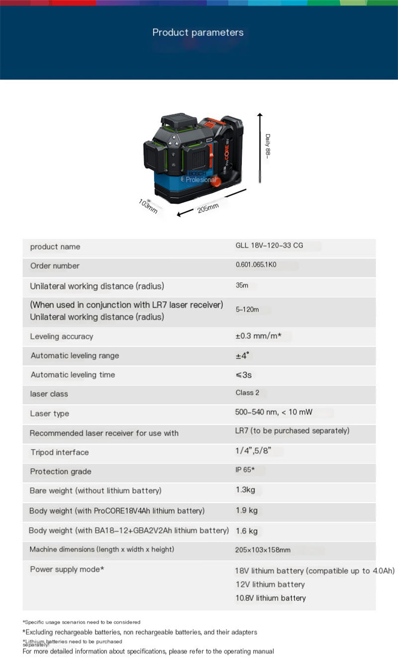 18V-120-33 CG Laser Level 12 Lines 35m Range Extendable to 120m High Precision ± 0.3 mm/m Rapid Self-Leveling IP 65