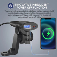 Dual Fast Charging USB Charger for Motorcycles, 30W USB-C & 18W USB-A, Safe, Portable, Easy Installation, Black