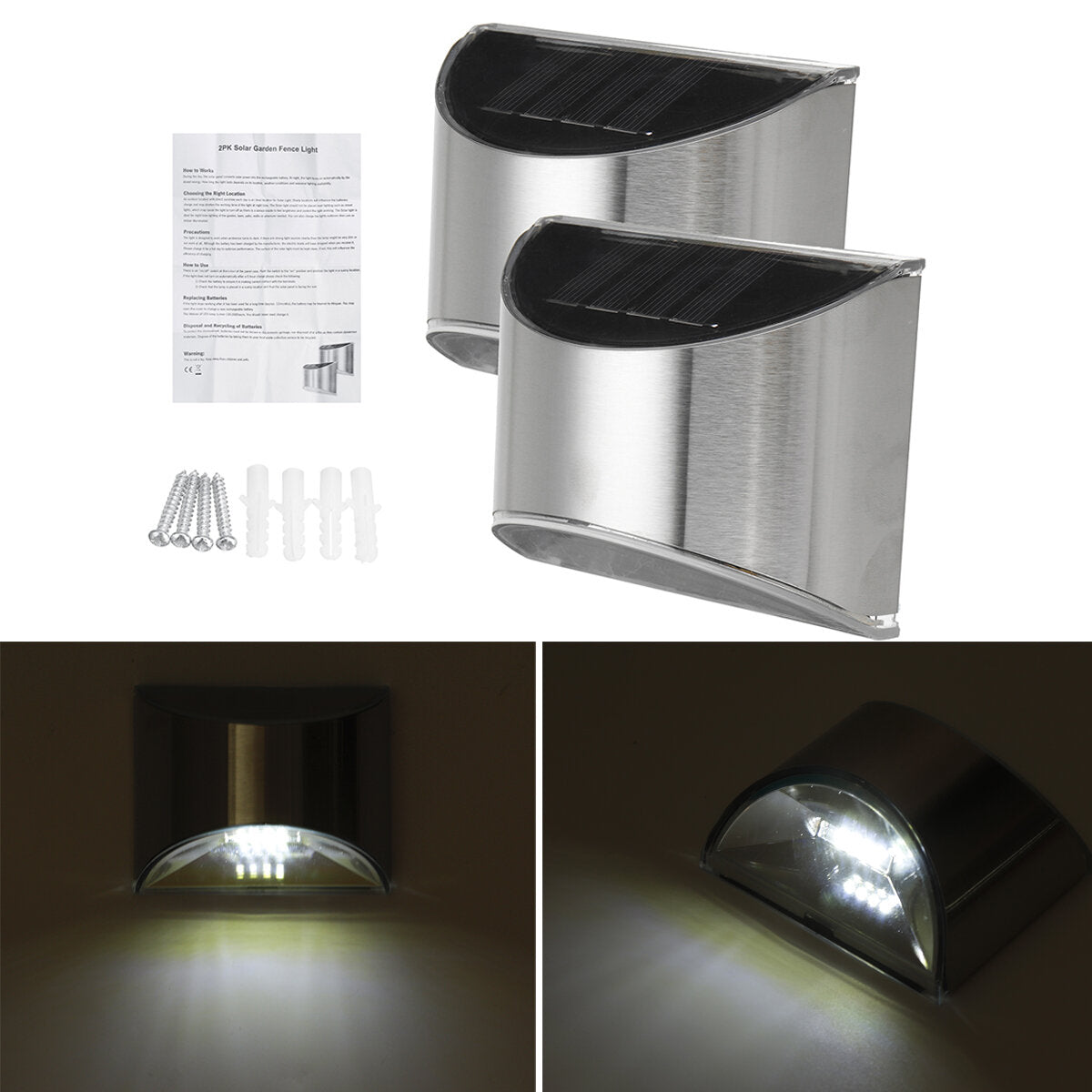 2pcs Waterproof Stainless Steel Solar Wall Lights Outdoor Fence Post Step Lights