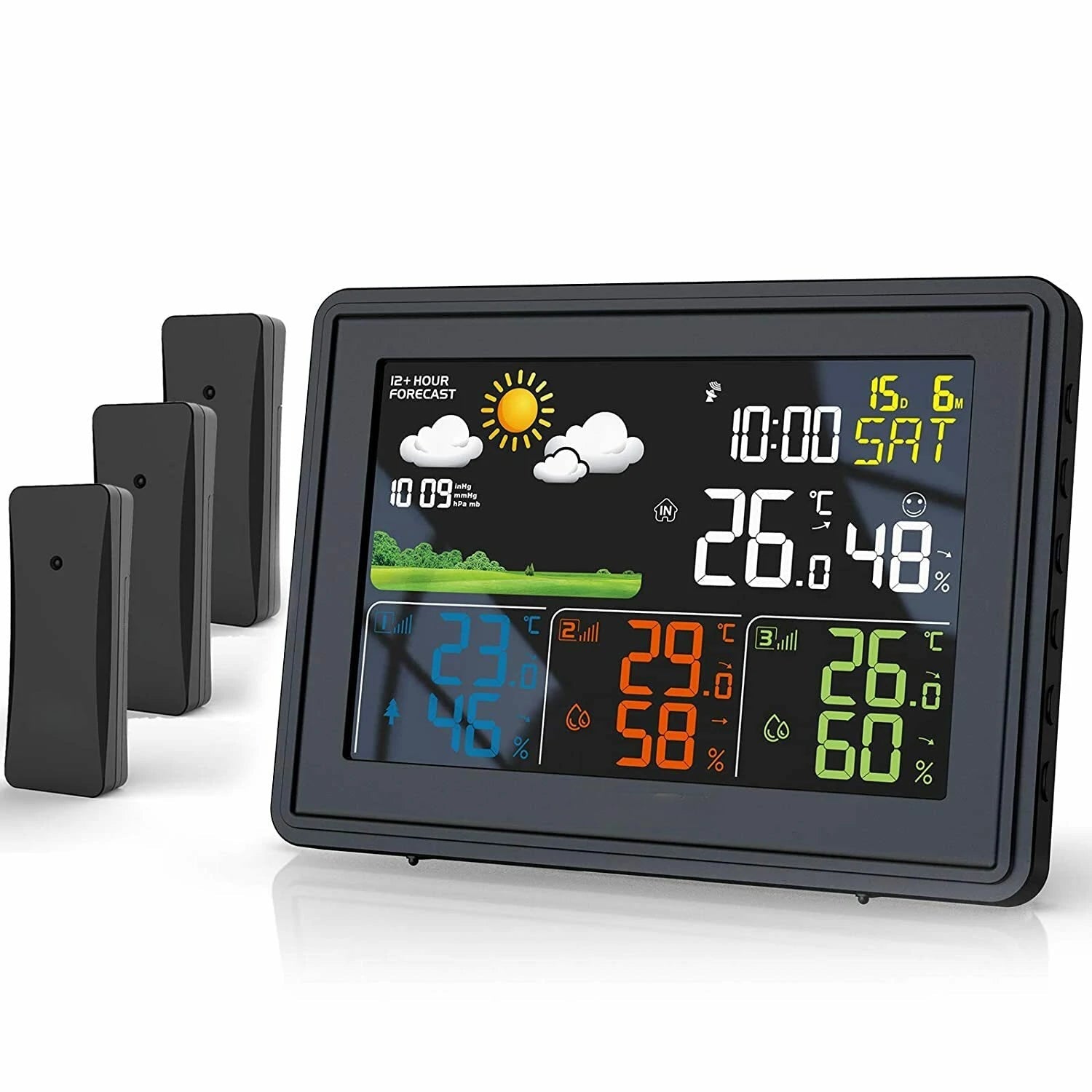 Weather Station Alarm Clock Wireless Indoor Outdoor Thermometer with Atomic Clock Forecast Station 3 Outdoor Sensors