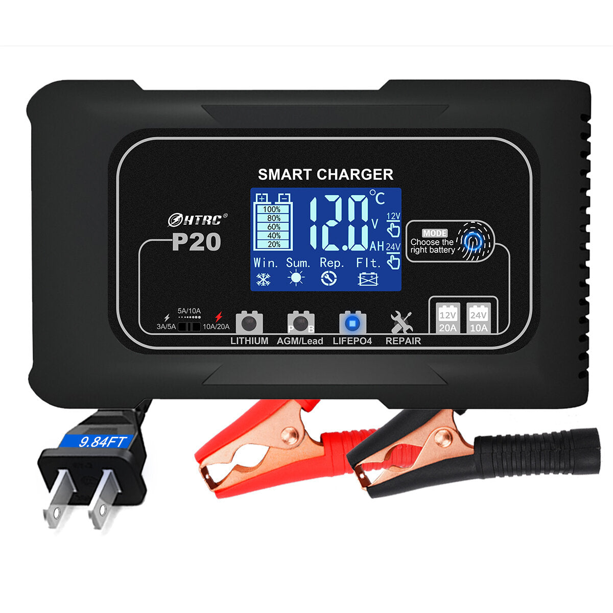 20A P20 12V-24V Smart Battery Charger For Car Motorcycle Battery Repair Charging For Auto Moto Lead Acid AGM Lithium LiFePo4 Batteries