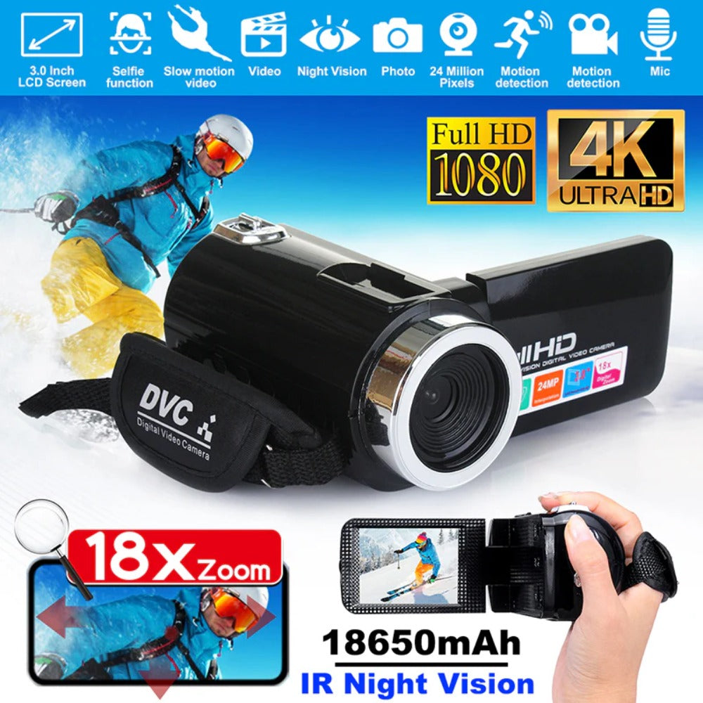 4K Full HD 1080P 24MP 18X Zoom 3 Inch LCD Digital Camcorder Video DV Camera 5.0MP CMOS Sensor for YouTube Vlogging