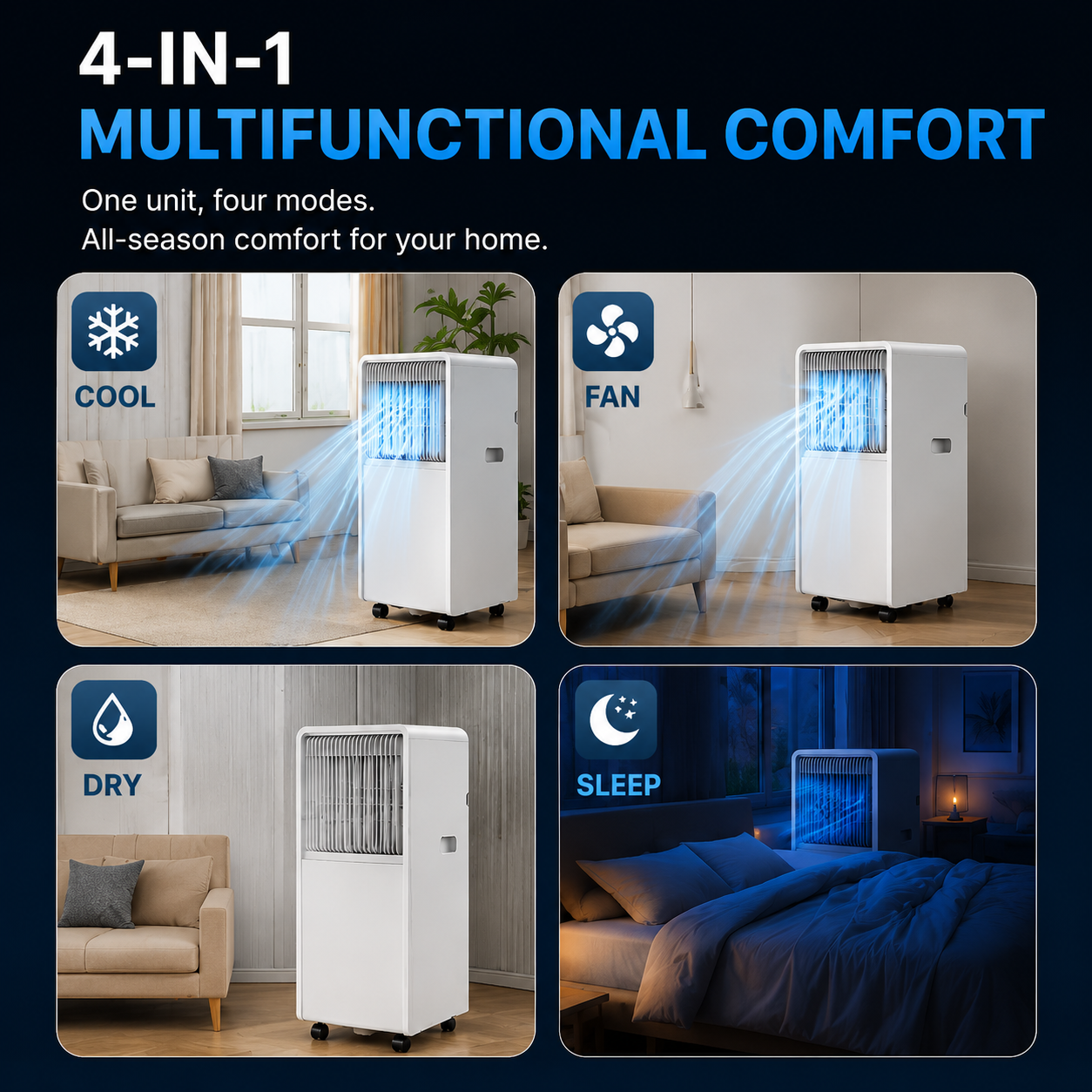 16000 BTU Portable Air Conditioner | All-in-One Plug-and-Play AC with Wheels (No Installation Required)