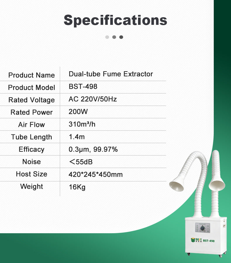 Dual-Tube Fume Extractor 200W 310m³/h Soldering Smoke Absorber Air Purifier With 3-Layer Filtration System For Electronics Welding