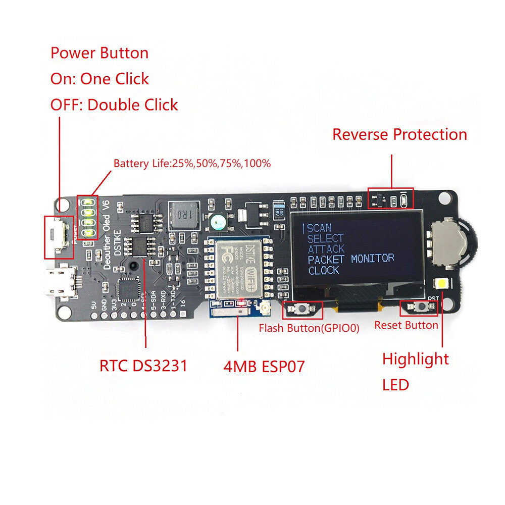 WiFi Deauther OLED V6 ESP8266 Development Board with Polarity Protection Case Antenna 4MB ESP-07