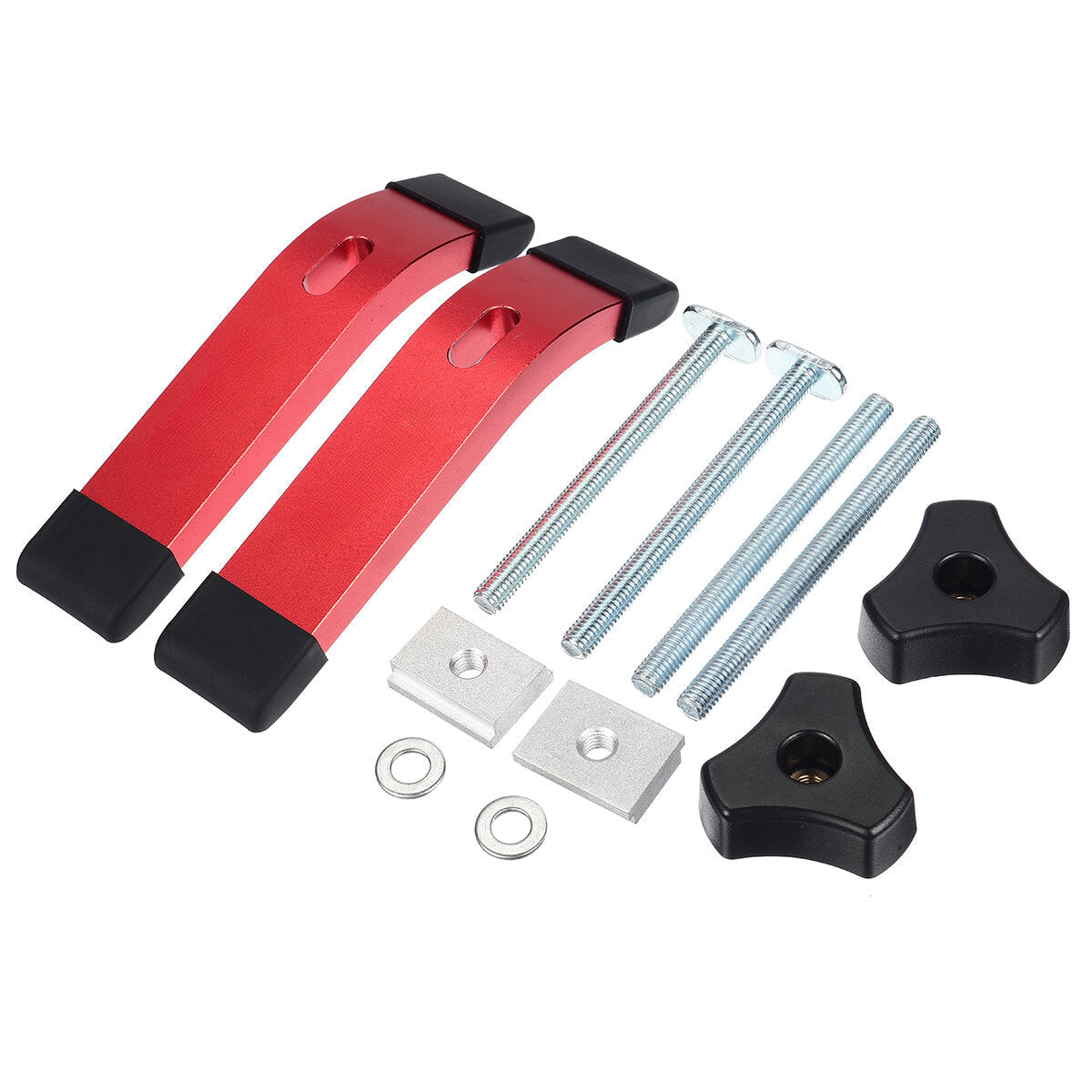 2PCS T Track Hold Down Clamps Set - Aluminum Alloy, Red & Black, Includes T Bolts, Knobs, Washers, Storage Box