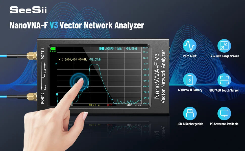 Vector Network Analyzer 1MHz to 6GHz TDR Function 4.3 Inch Resistive Touchscreen High Accuracy Fast Sweep Speed VNA Analyzer