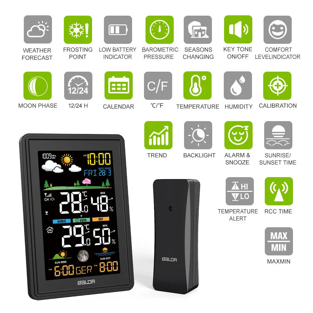 Wireless Digital Color Display Weather Station Clock Barometer Thermometer Hygrometer Trend Sun Time Forecast Sensor -40℃