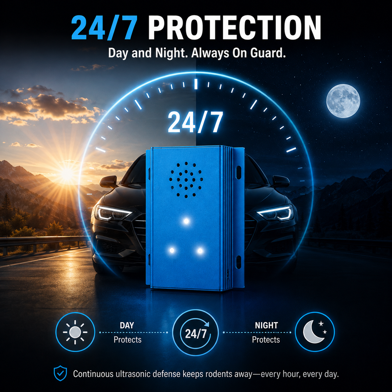Dual-Wave Vehicle Rodent Repeller | Smart 3-in-1 Under-Hood Deterrent with Strobe Lights