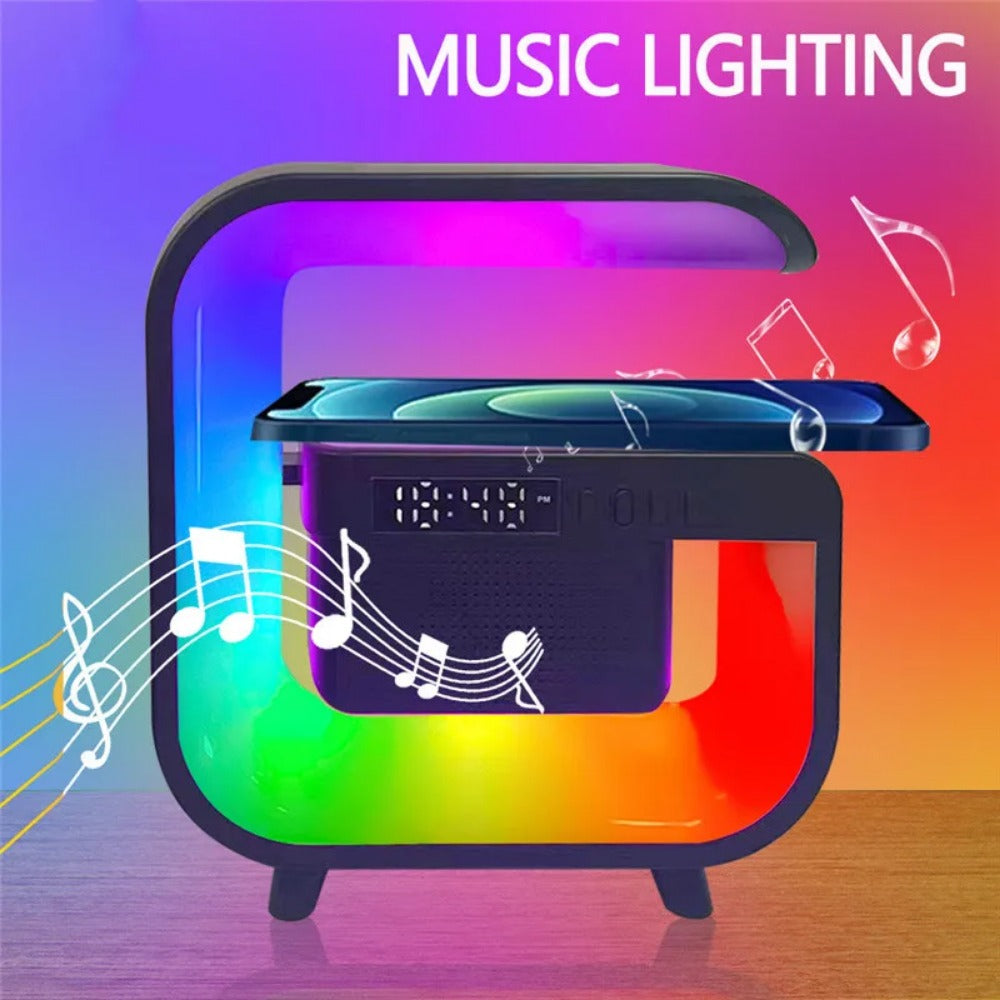 15W Wireless Charging Lamp with Bluetooth Speaker, USB-C, LED Light, Compatible with Apple iPhone, Mini Size