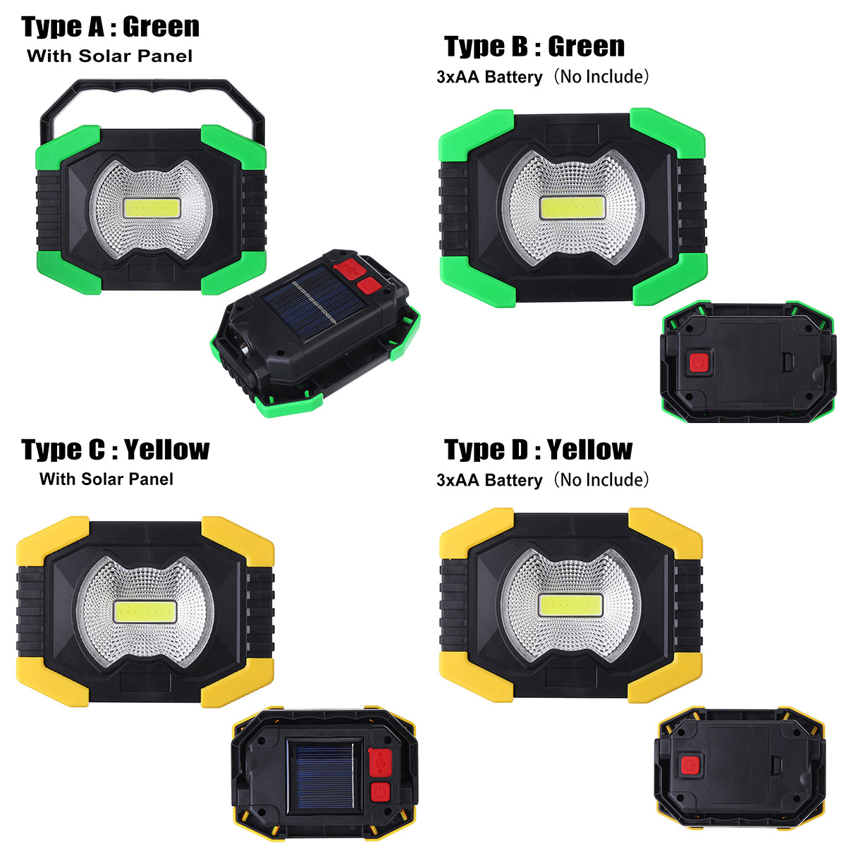 AA/Solar Battery COB 750LM Rechargeable Waterproof LED Portable Spotlight Work Light for Outdoor Camping Fishing