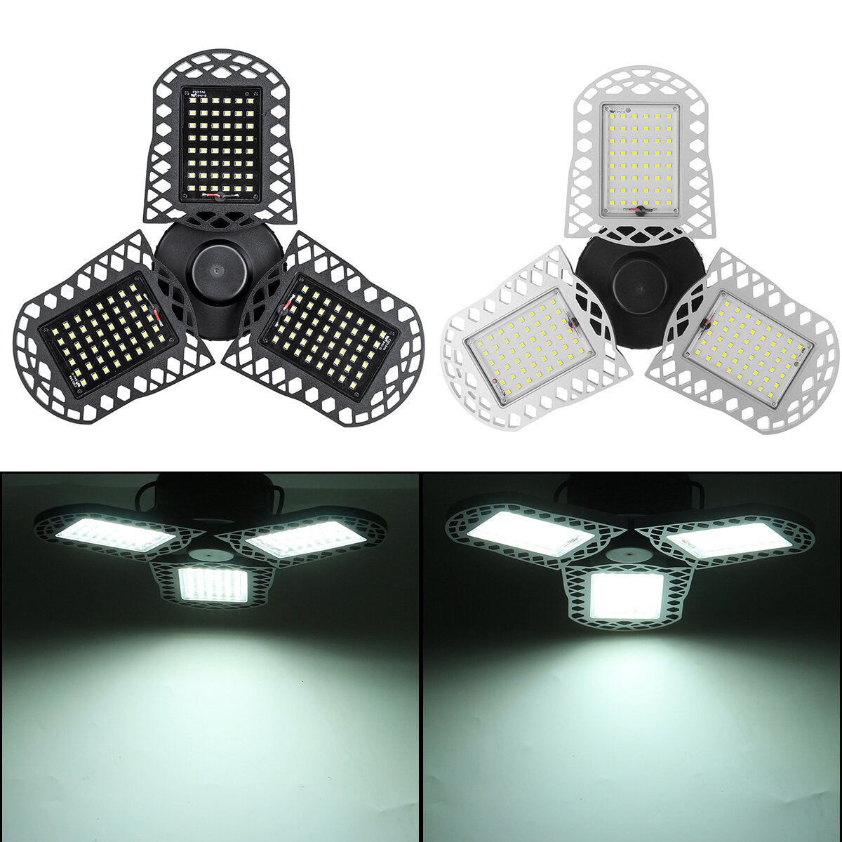 96/300LED Deformable LED Garage Lights: Ultra-Bright Adjustable Ceiling Light, E26/E27 Work Bulbs with 2/3 Leaves in Die-Cast Aluminum/Plastic