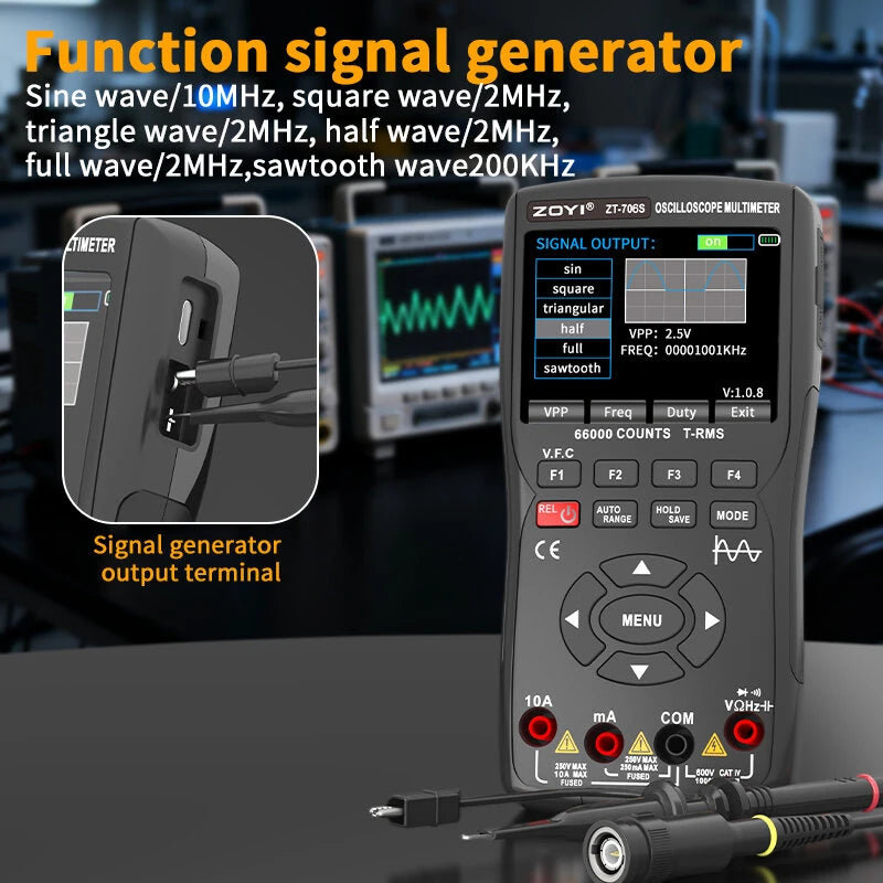 Handheld Oscilloscope Multimeter 3-In-1 Dual Channel 50MHz 280MSa/s 66000 Counts Signal Generator IPS Display
