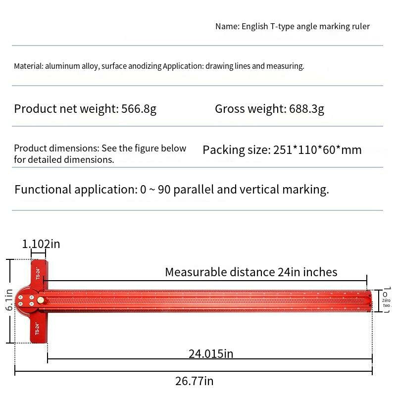 24" Aluminum Alloy Woodworking Ruler - 0-90° Angle Marking, Anodized Finish, Precise Measurement Tool